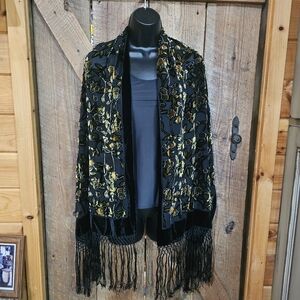 Black & Gold Velvet Burnout Wrap Shawl Scarf 20" X 62" with 8" Fringe Floral EUC
